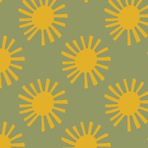 Modern Sunburst Design- Mustard sun on green background