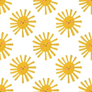 Happy Suns Design: Bright yellow suns with smiley faces on white background: Gender neutral kids design
