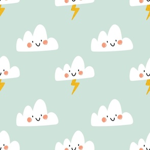 Happy Clouds Design: White  clouds with smiley faces, lightning bolts on blue background.