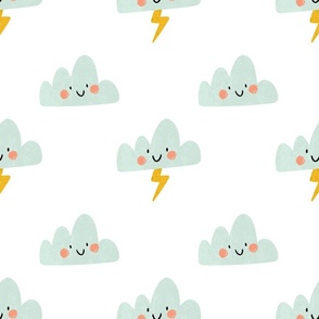 Happy Clouds Design: Blue clouds with smiley faces, lightning bolts on white background.