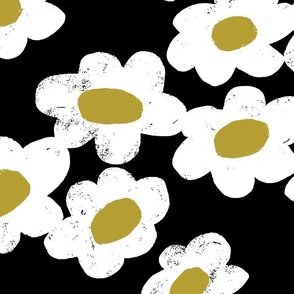Big Bold Flowers organic white flowers with olive green centers on black background // Large