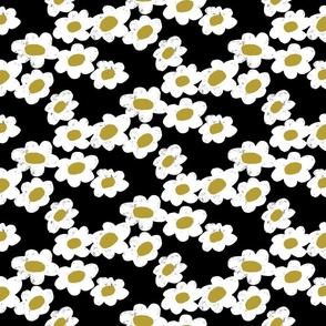 Big Bold Flowers organic white flowers with olive green centers on black background // Small