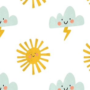 Happy Clouds and Sunshine Design: Blue clouds with smiley faces and lightning bolts with happy suns on white background.