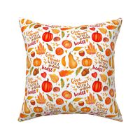 Medium Scale Give Thanks with a Grateful Heart Fall Pumpkins Squash and Autumn Leaves on White