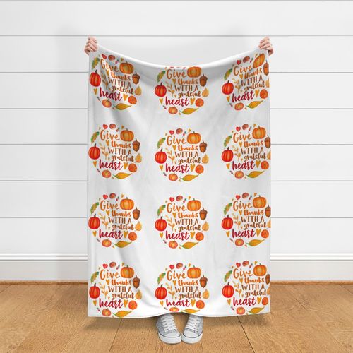 18x18 Panel Give Thanks with a Grateful Heart Fall Pumpkins Squash and Autumn Leaves on White for DIY Throw Pillow Cushion Cover Tote Bag