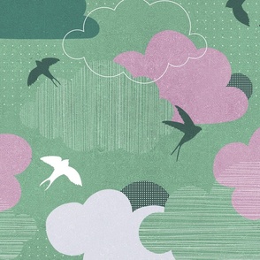 Swallow Dance in the Sky 3. Green and Lilac  #birds #sky #swallows #clouds #texture #midcentury