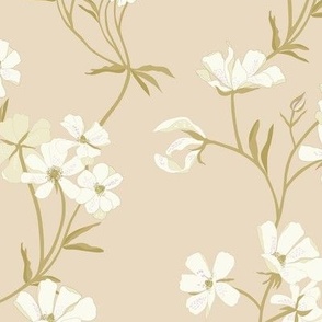 Aflutter floral large cream white, sand beige, light brown green, lavender  