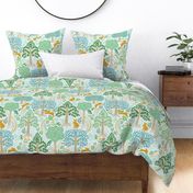 Large-Scale enchanted woodland forest design with trees, rainbow trails, and woodland animals in colors of teal, aqua blue, green, yellow, and golden orange. 