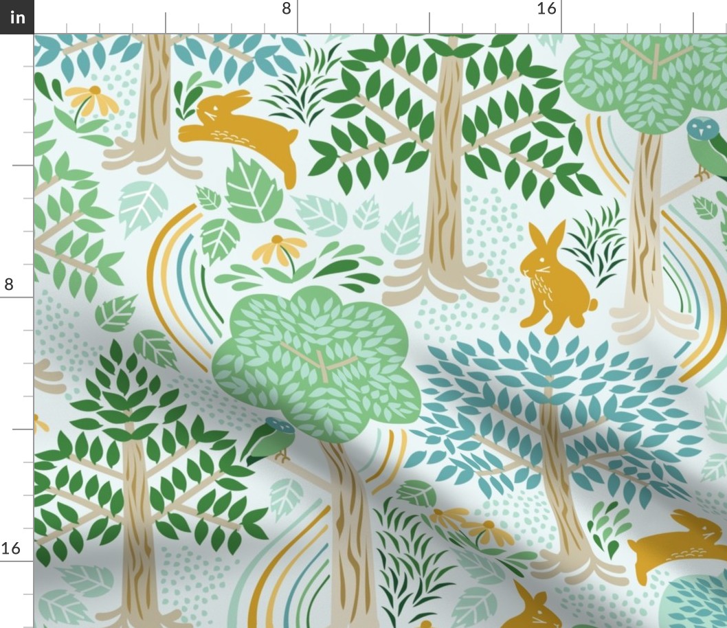 Large-Scale enchanted woodland forest design with trees, rainbow trails, and woodland animals in colors of teal, aqua blue, green, yellow, and golden orange. 