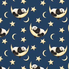 Dreamy Moonlight |  Cute sleepy Panda in whimsical watercolours| Dark blue| large