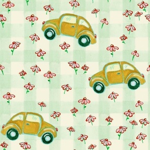 VW Beetle  & Coneflowers in Antique Granny Apple Green Gingham - (XXL)