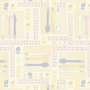 LARGE:Blooms  and Utensils with napkins and  florals with light yellow, blue, pink