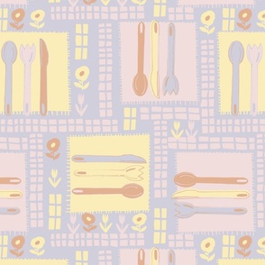 LARGE: Blooms  and Utensils with napkins and  florals with yellow, slate blue, pink