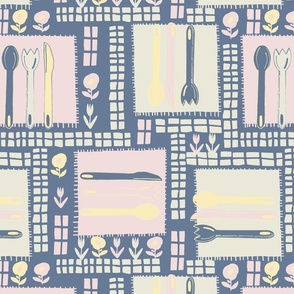 LARGE:Blooms  and Utensils with napkins and  florals with cream, dark blue, pink