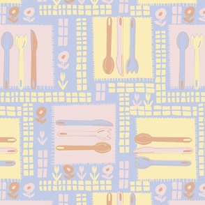 LARGE: Blooms  and Utensils with napkins and  florals with yellow, blue, brown