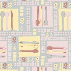 LARGE: Blooms  and Utensils with napkins and  florals with green, yellow, pink