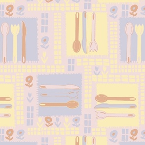 LARGE: Blooms  and Utensils with napkins and  florals with yellow, blue, pink