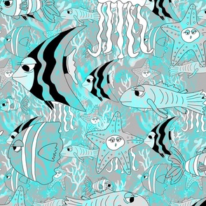 Whimsical seaside tropical fishes in the ocean