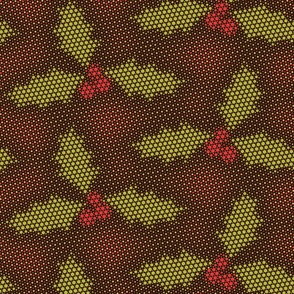 Holly Leaves and Berries Dotgrid - Red Green Gold Multi-colour Halftone