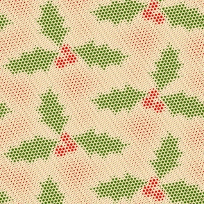 Holly Leaves and Berries Dotgrid - Red Green Gold Beige Multi-colour Halftone