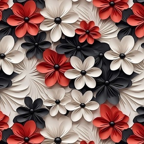 3D Floral - Red, Black, White