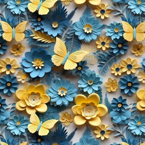 3D Yellow and Blue Floral With Butterfly
