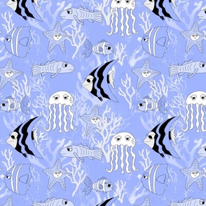 Tropical seaside fishes in blue tone