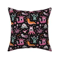 Friendly monsters from black outer space - cute halloween creatures with many eyes - purple, pink and orange
