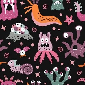 Friendly monsters from black outer space - cute halloween creatures with many eyes - purple, pink and orange