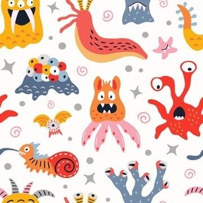 Friendly monsters from outer space on white background - cute creatures with many eyes in primary colors red yellow blue