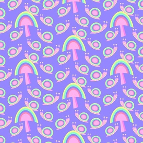 Rainbow mushrooms and snails on purple 