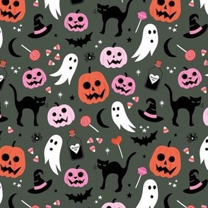 Black cats ghosts and pumpkins scary retro style kids halloween style fright night design orange pink black on deep olive green gray SMALL