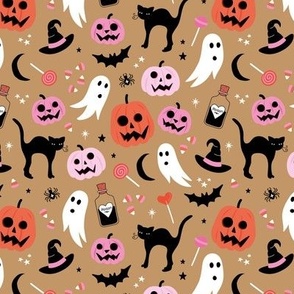 Black cats ghosts and pumpkins scary retro style kids halloween style fright night design orange pink on cinnamon  SMALL
