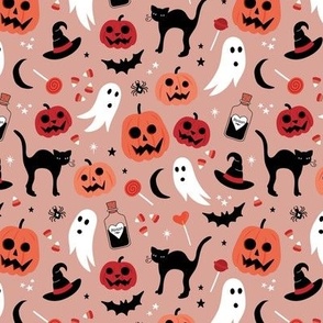 Black cats ghosts and pumpkins scary retro style kids halloween style fright night design orange ruby red on blush rose SMALL