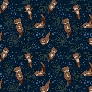 Dreamy otters - Starry night river wild fish and leaves adorable woodland creatures with stars and moon neutral green navy blue SMALL