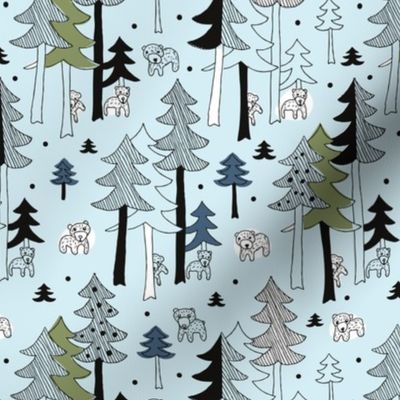 Grizzly bear woodlands - wild bear cubs and trees autumn winter kids design blue green