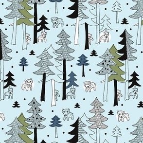 Grizzly bear woodlands - wild bear cubs and trees autumn winter kids design blue green