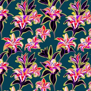 Small - Maximalist Lilies, poisonous plants 3. Dark Teal, Purple, Green #floral #lilies #maximalist #emeraldgreen