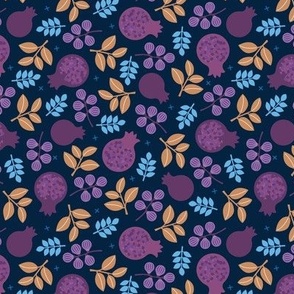 Jewish fig Hanukah design and traditional illustrations fruit garden purple blue on navy