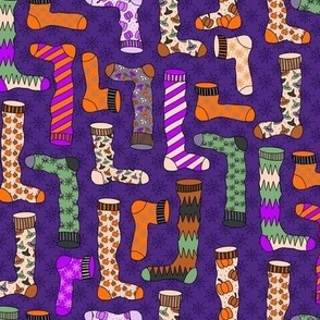 457 $ -  Medium small scale purple, magenta, emerald green and orange, witch socks, booties and stockings with spiders, hats, spiderwebs,  stripes, zigzags and pumpkins, for Halloween  apparel, costumes and  party table linens.