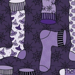 457 - Large scale monochromatic lavender mauve purple witch socks, booties and stockings with spiders, hats, spiderwebs,  stripes, zigzags and pumpkins, for Halloween  apparel, costumes and  party table linens.