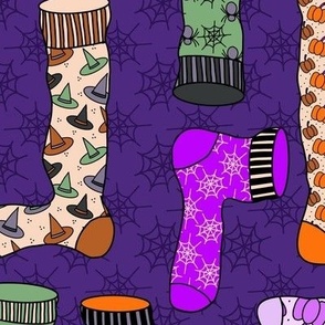 457 - Large scale purple, magenta, emerald green and orange, witch socks, booties and stockings with spiders, hats, spiderwebs,  stripes, zigzags and pumpkins, for Halloween  apparel, costumes and  party table linens.