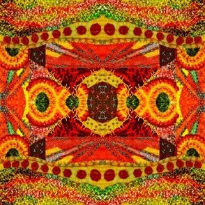 Art quilt embroidery mirrored ethnic boho kaleidoscope 8” repeat multicoloured reds, greens, yellows