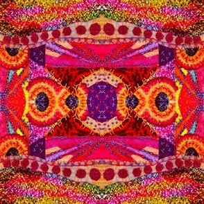 Boho ethnic Art quilt embroidery mirrored ethnic boho kaleidoscope 8” repeat multicoloured Cerise, red, yellow purple 