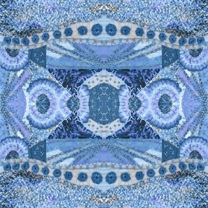 Art quilt embroidery mirrored ethnic boho kaleidoscope 18” repeat dusky blue hues, light blue, indigo, airforce blue