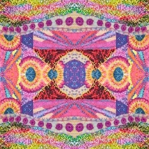 Art quilt embroidery mirrored ethnic boho kaleidoscope 8” repeat multicoloured Pink, salmon, purple, yellow, turquoise 