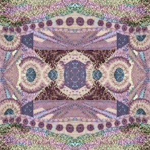 Art quilt embroidery mirrored ethnic boho kaleidoscope 18” repeat dusty pink grey, blue, green