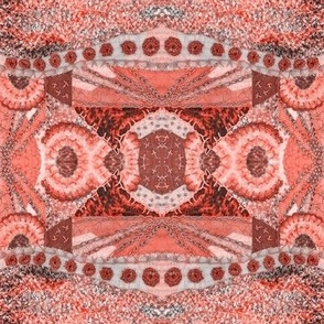 Art quilt embroidery mirrored ethnic boho kaleidoscope 18” repeat salmon peach hues, brown grey