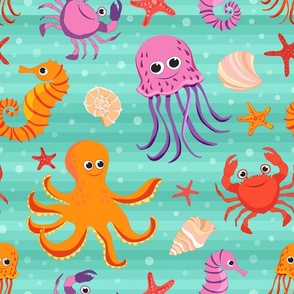 Cute Under the sea colorful creatures with smiley faces