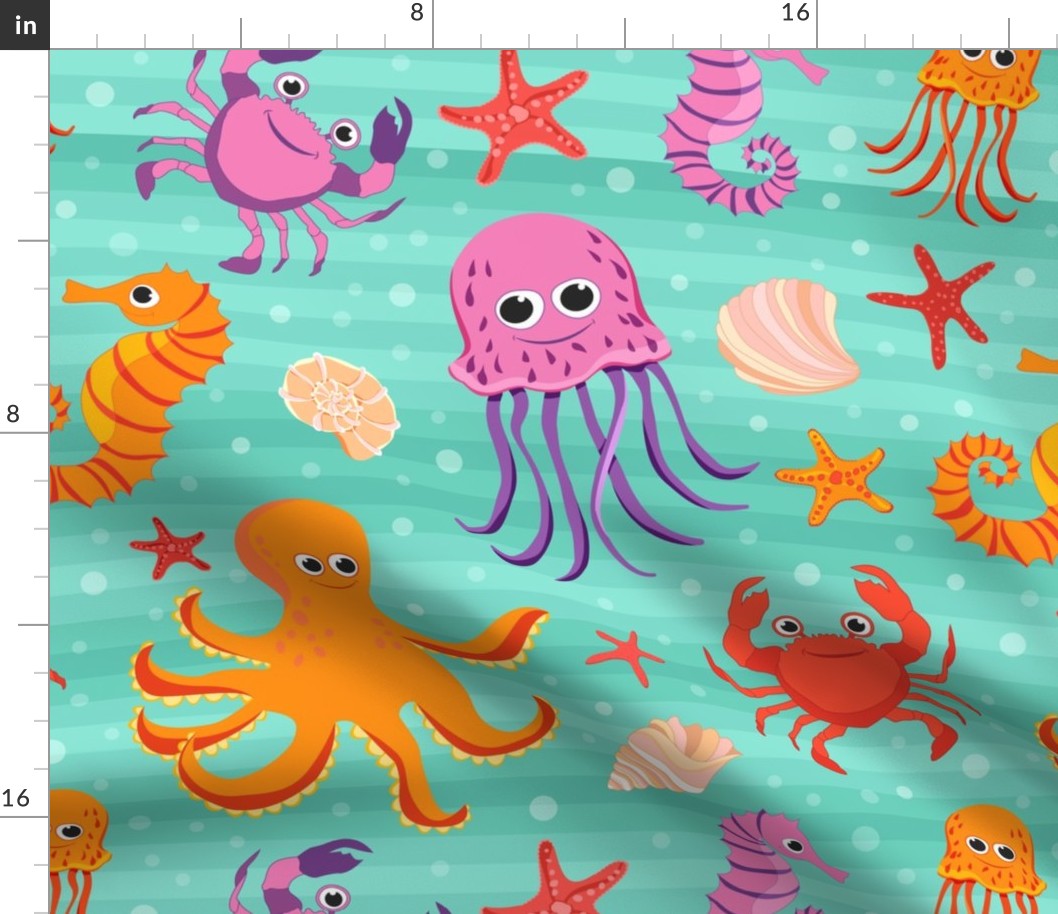 Cute Under the sea colorful creatures with smiley faces